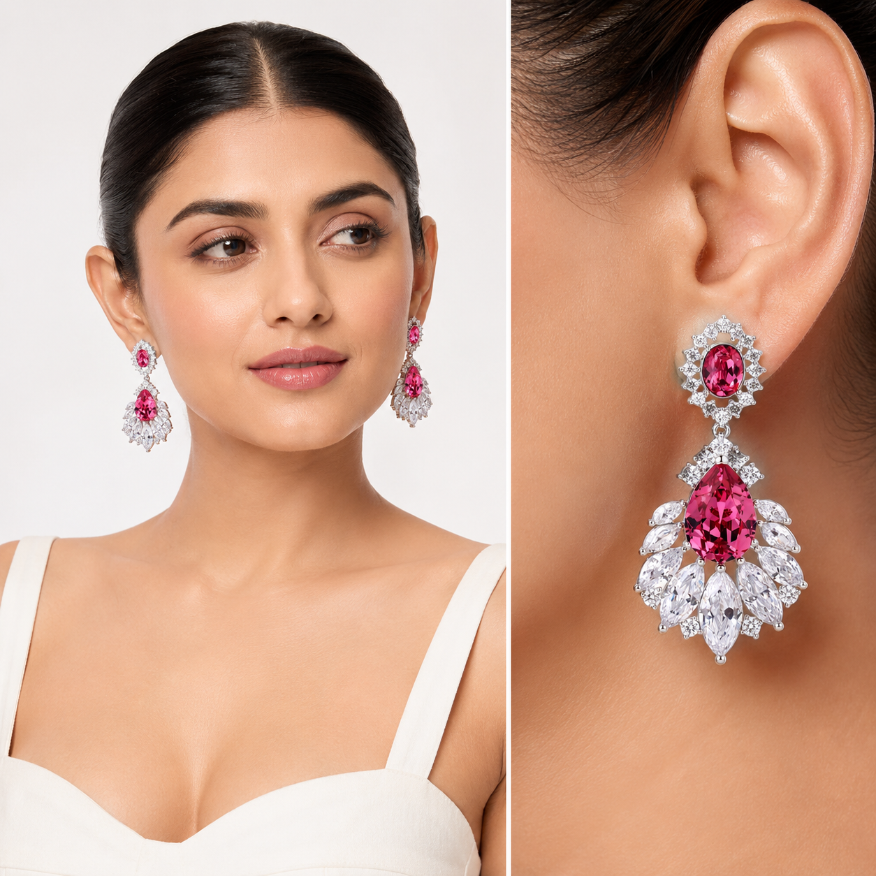 Fuchsia Oval Crystal Marquise Fan Drop Earrings