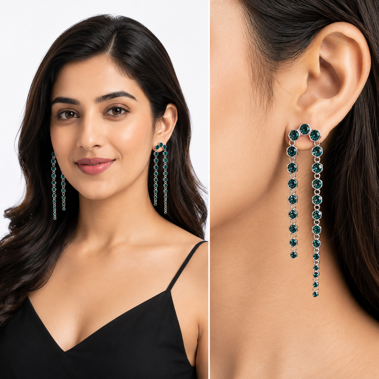 Emerald Green Hexagon Crystal Arch Chain Drop Earrings