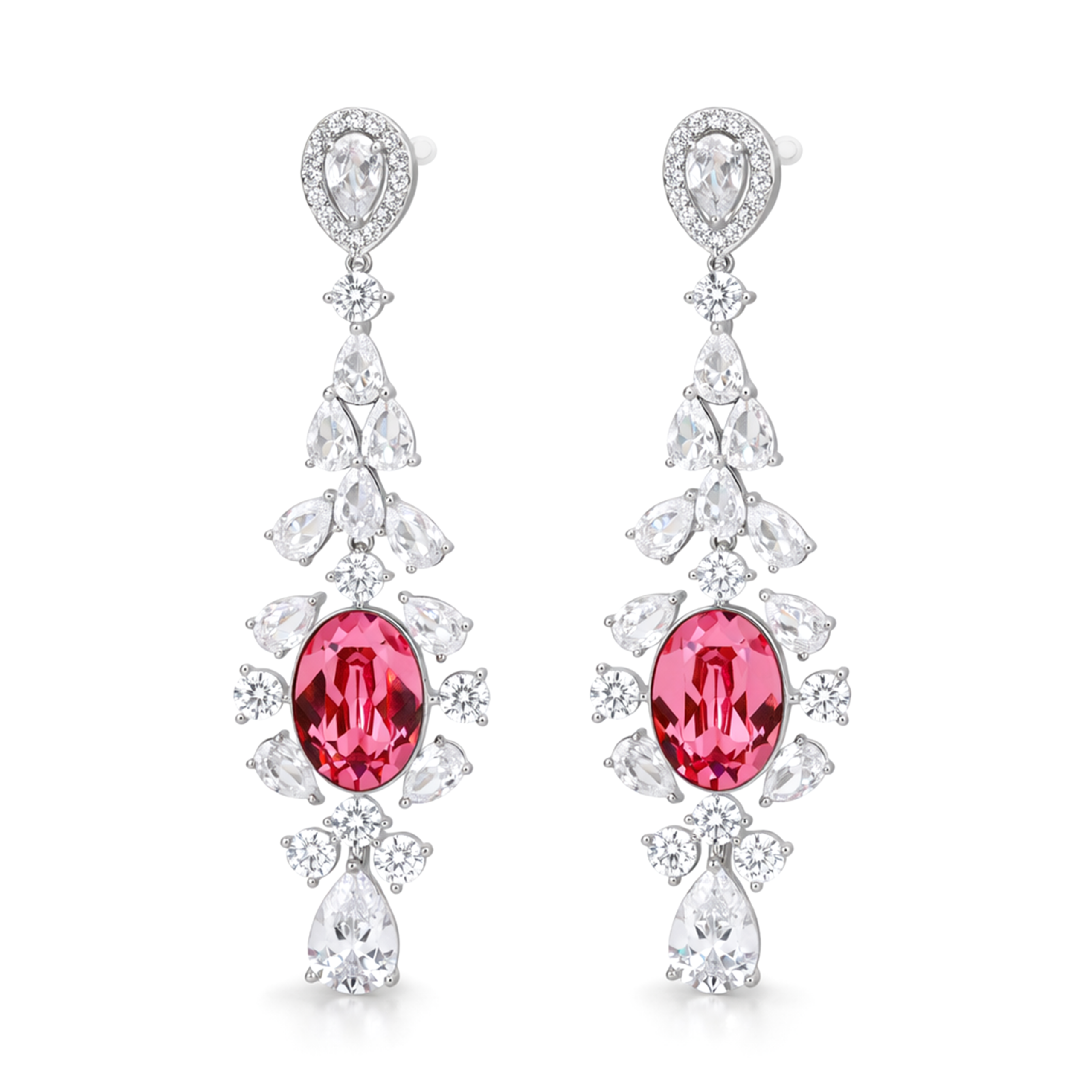 Rich Pink Oval Crystal Marquise Fan Drop Earrings