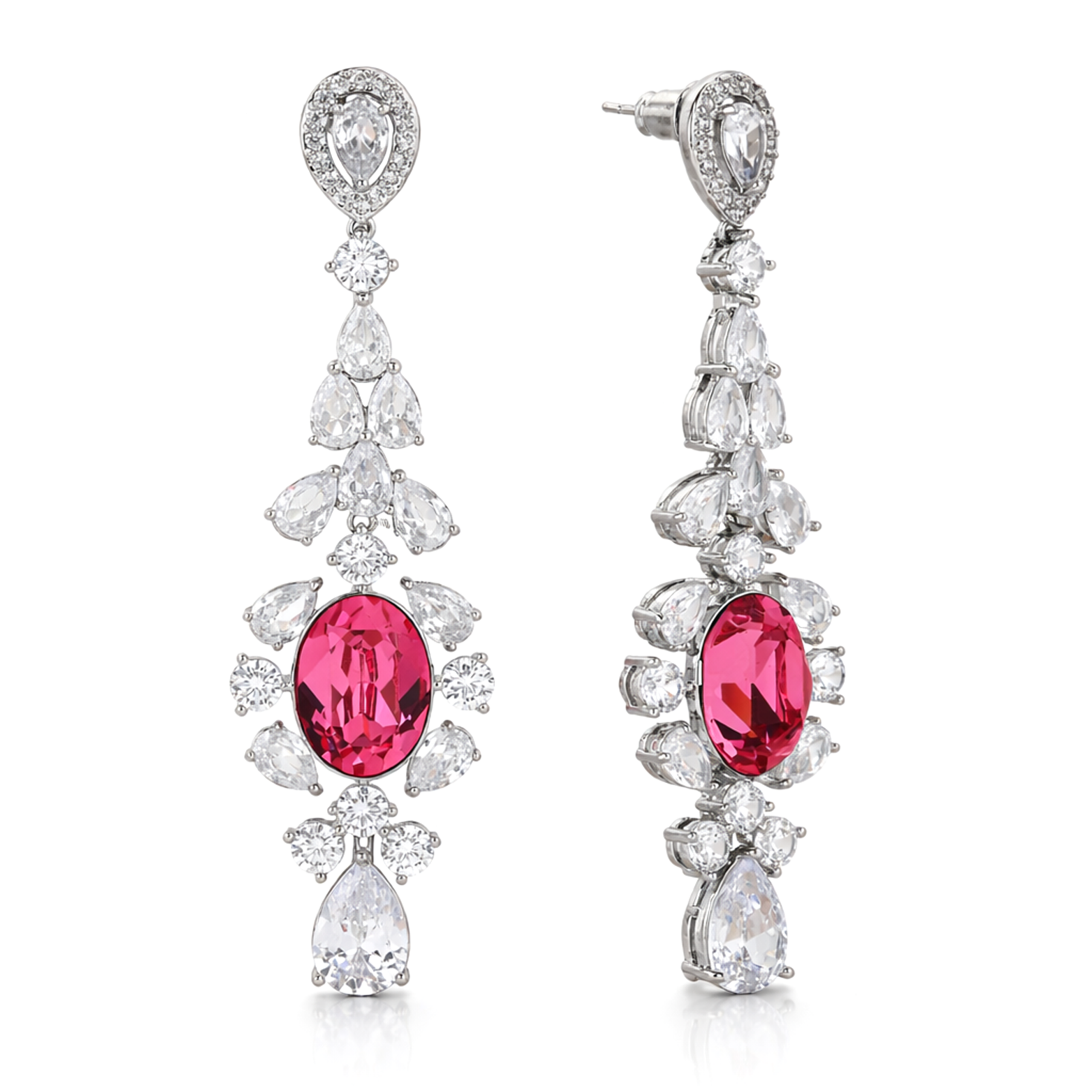 Rich Pink Oval Crystal Marquise Fan Drop Earrings