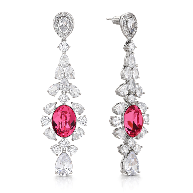 Rich Pink Oval Crystal Marquise Fan Drop Earrings