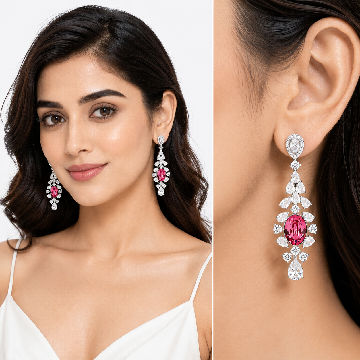 Rich Pink Oval Crystal Marquise Fan Drop Earrings
