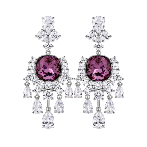 Amethyst Cushion Crystal Silver Chandelier Drop Earrings