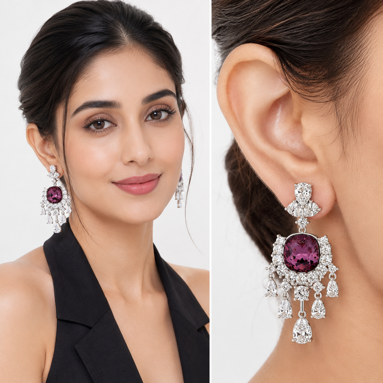 Amethyst Cushion Crystal Silver Chandelier Drop Earrings