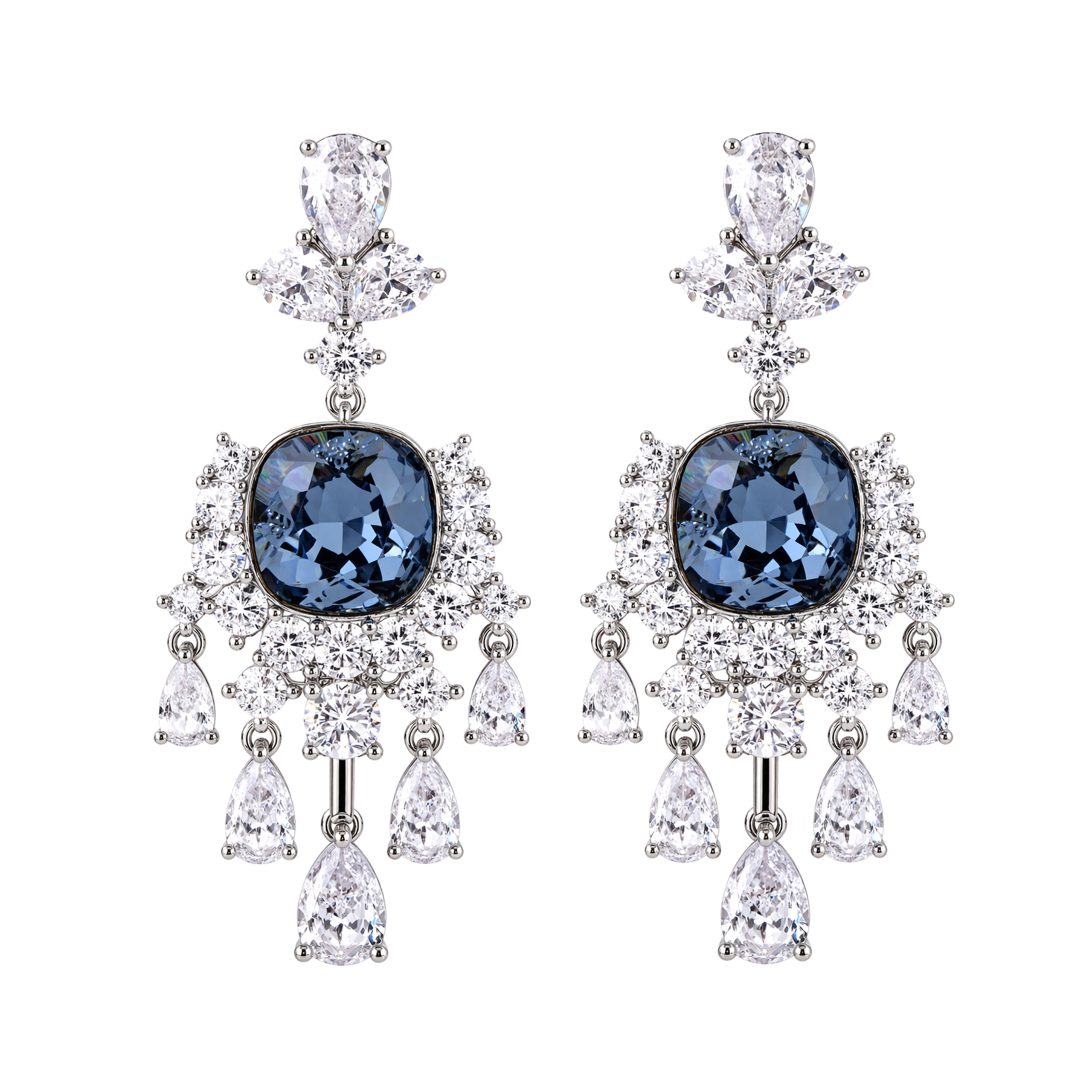 Deep Blue Cushion Crystal Chandelier Drop Earrings