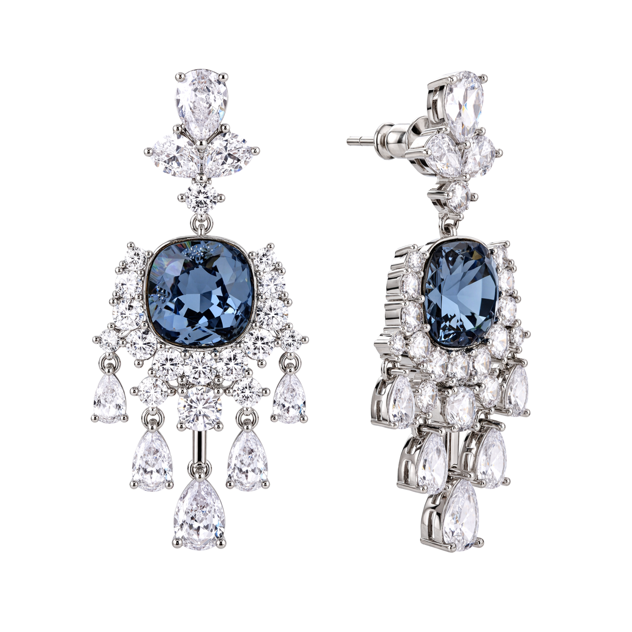 Deep Blue Cushion Crystal Chandelier Drop Earrings
