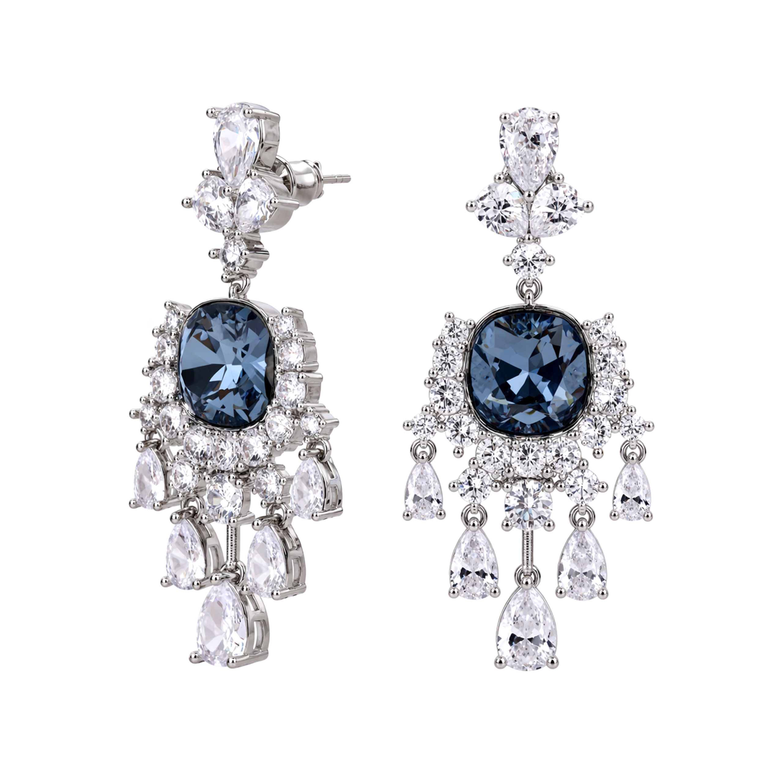 Deep Blue Cushion Crystal Chandelier Drop Earrings