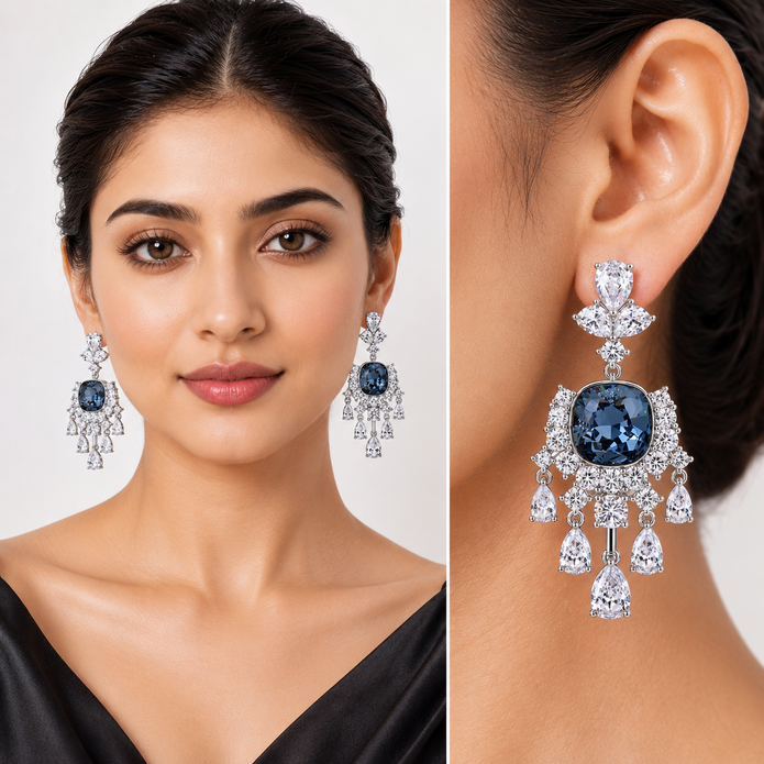 Deep Blue Cushion Crystal Chandelier Drop Earrings