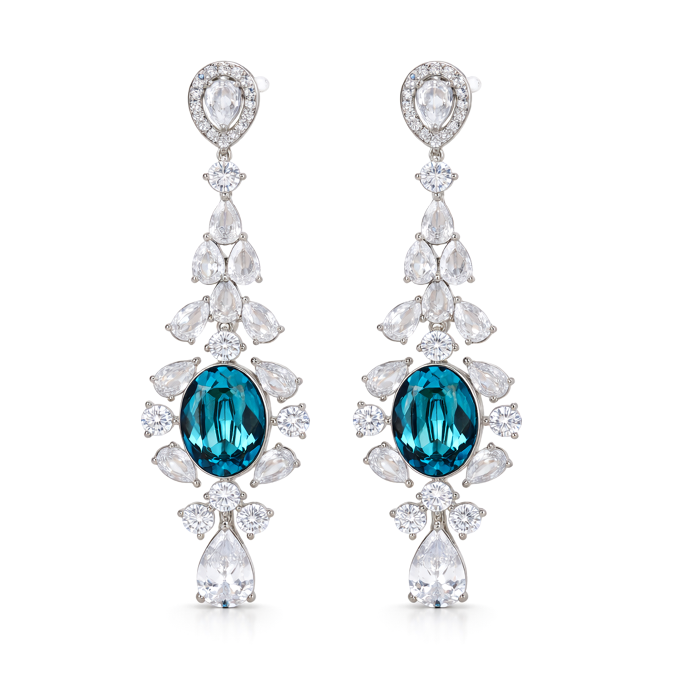 Aqua Blue Oval Crystal Cascade Drop Earrings