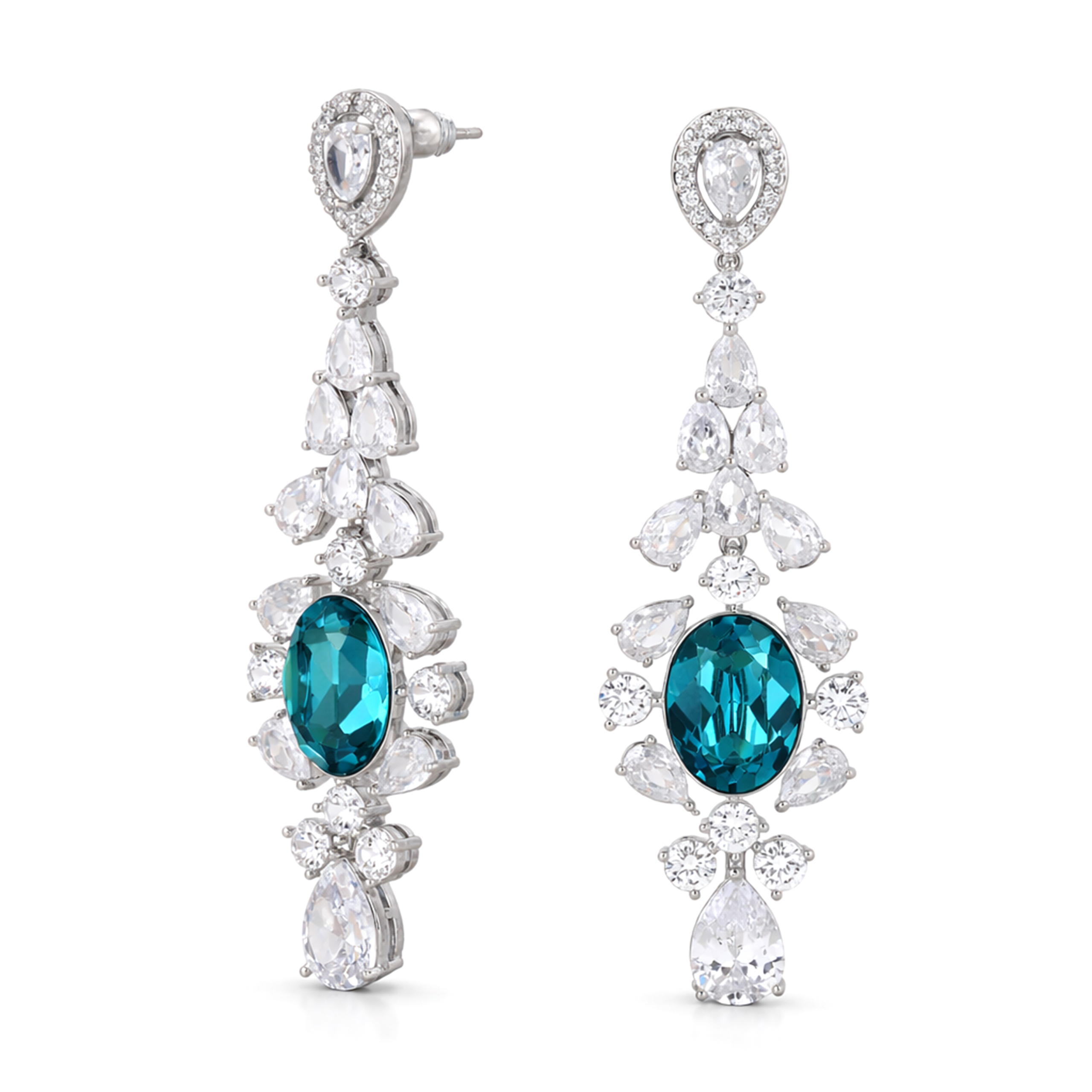 Aqua Blue Oval Crystal Cascade Drop Earrings