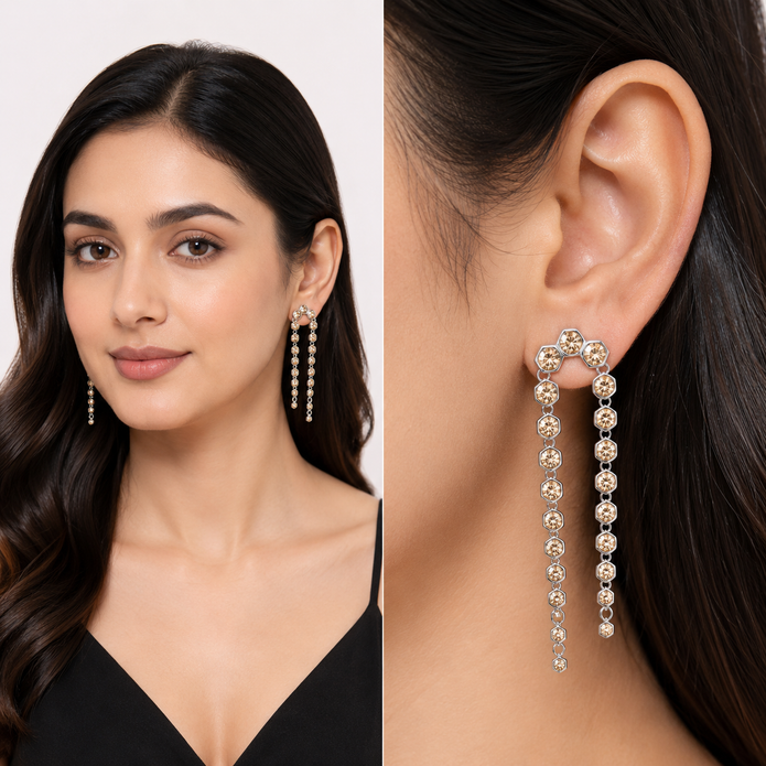 Gold Champagne Hexagon Crystal Arch Chain Drop Earrings