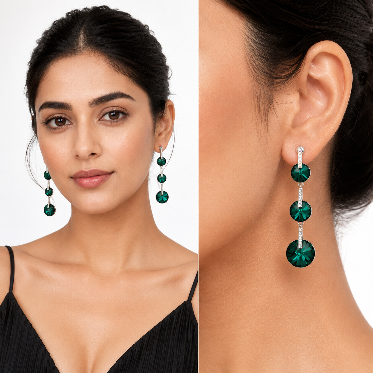 Emerald Green Rivoli Triple Crystal Drop Earrings