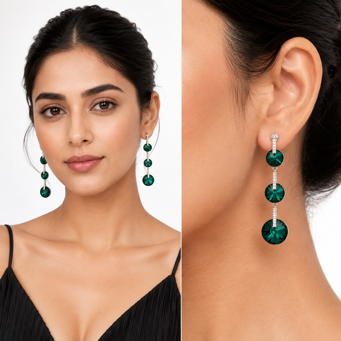 Emerald Green Rivoli Triple Crystal Drop Earrings