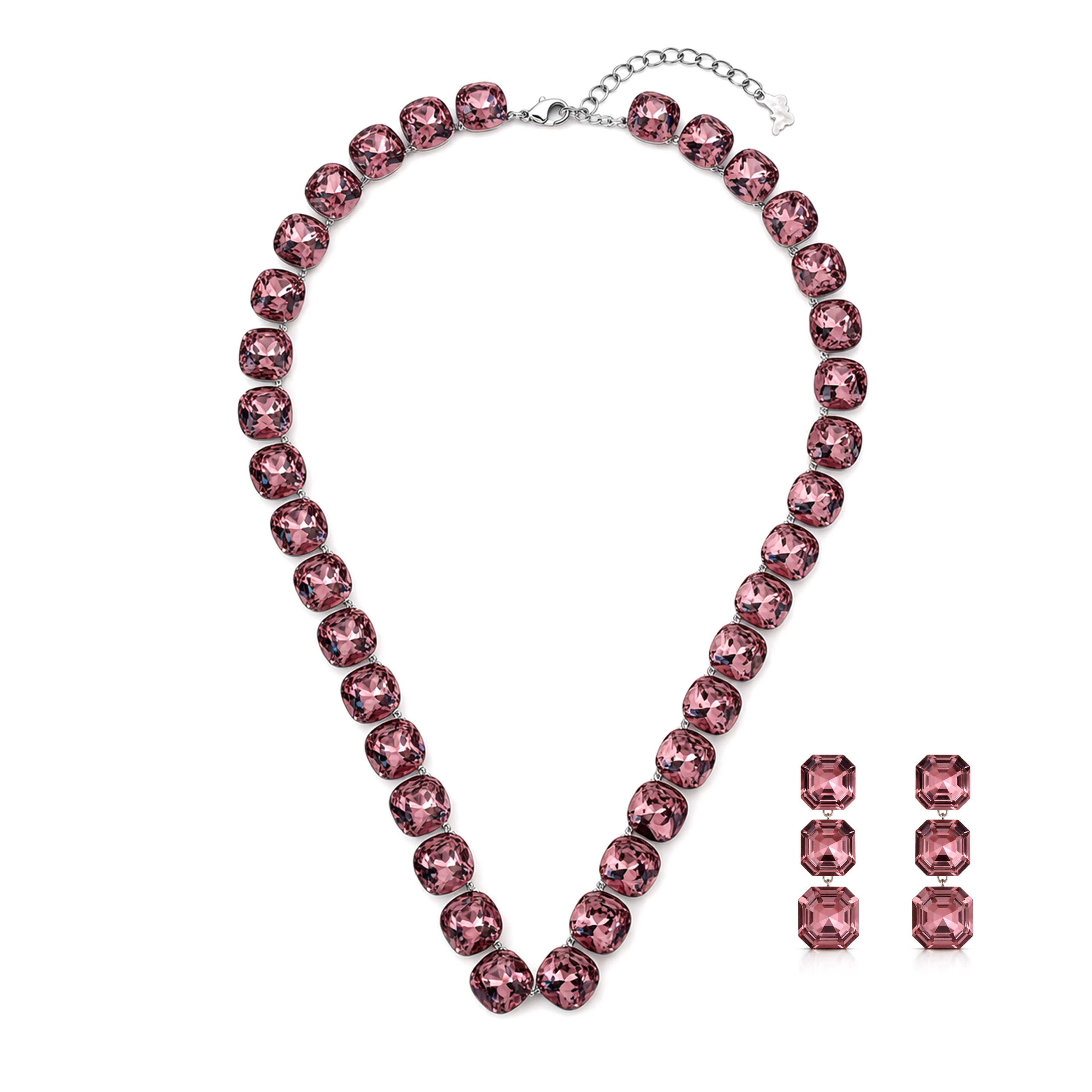 Mauve Cushion Crystal Tennis Necklace Set