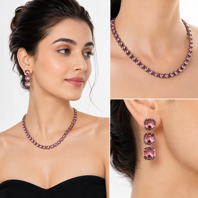 Mauve Cushion Crystal Tennis Necklace Set
