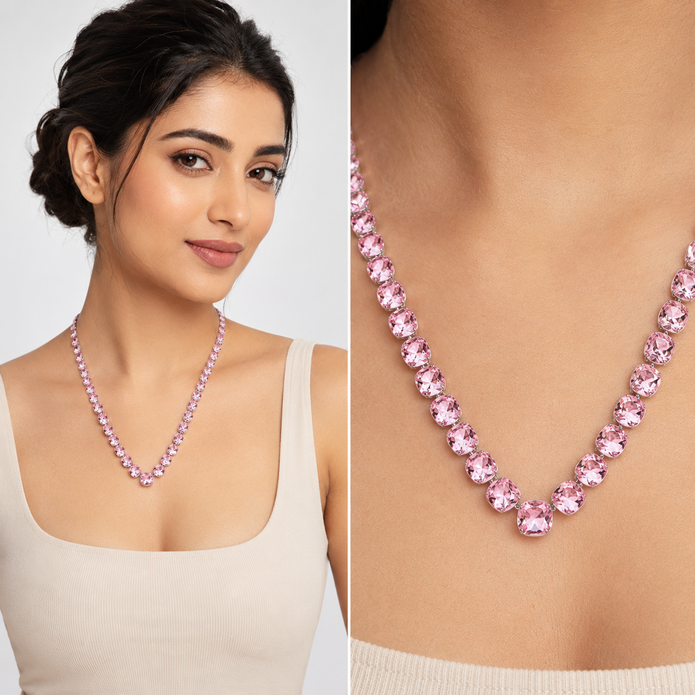 Blush Pink Cushion Crystal Tennis Necklace