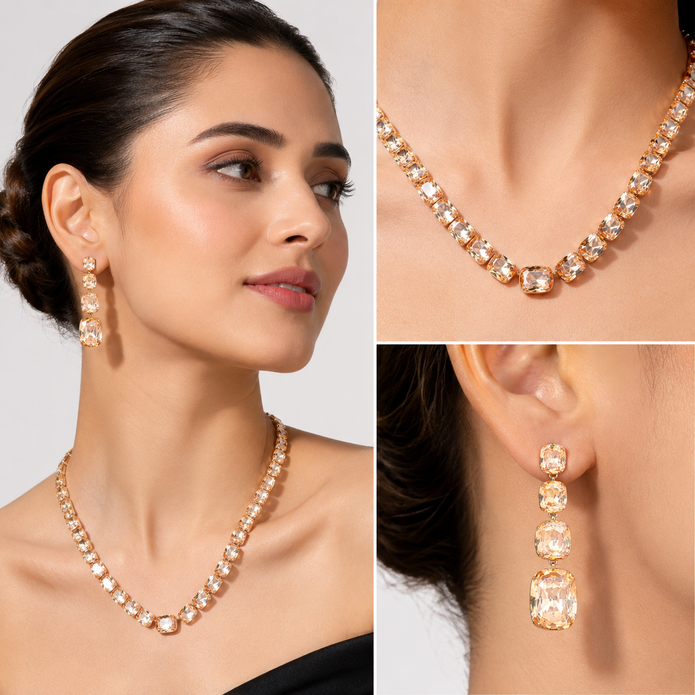 Citrine Champagne Cushion Crystal Statement Necklace Set
