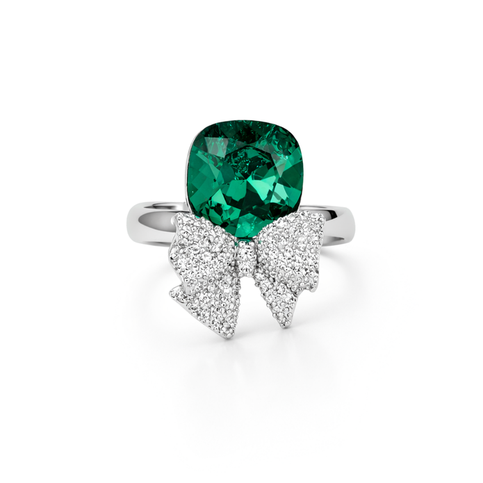Blue Bow Cushion Ring - Emerald Green
