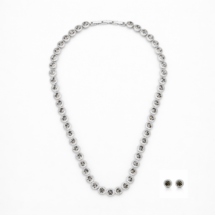 Clear Crystal Round-Cut Halo Tennis Necklace Set