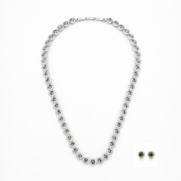 Clear Crystal Round-Cut Halo Tennis Necklace Set