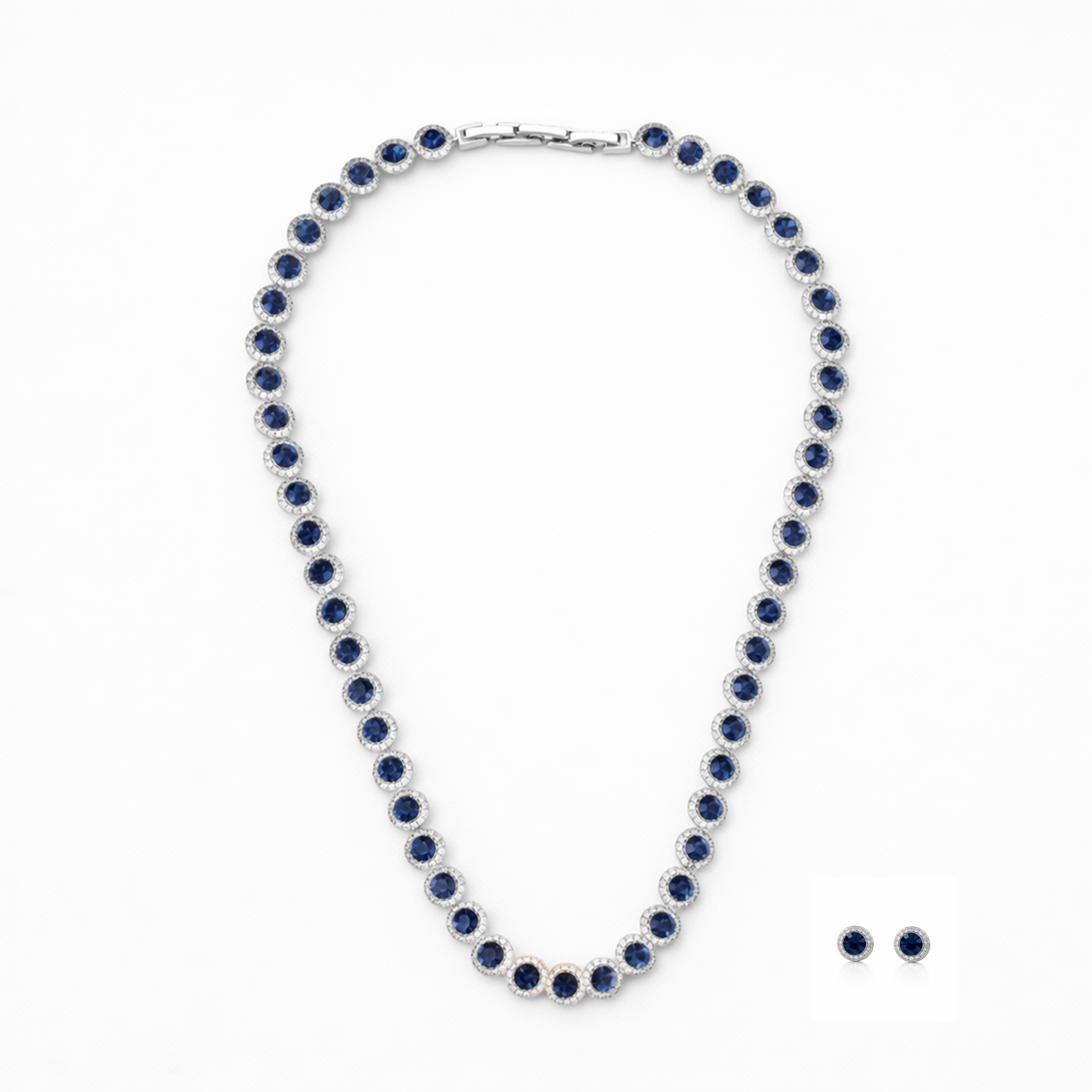 Deep Blue Sapphire-Tone Halo Tennis Necklace Set - Deep Blue