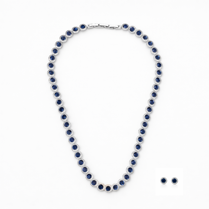 Deep Blue Sapphire-Tone Halo Tennis Necklace Set - Deep Blue