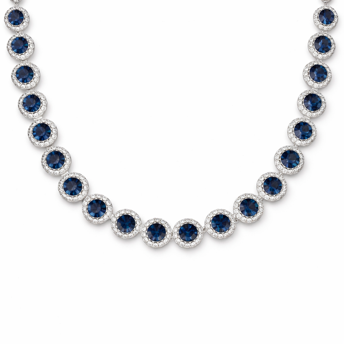 Deep Blue Sapphire-Tone Halo Tennis Necklace Set - Deep Blue