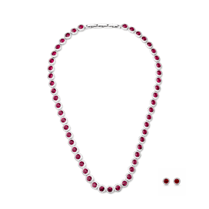 Deep Blue Sapphire-Tone Halo Tennis Necklace Set - Ruby Pink