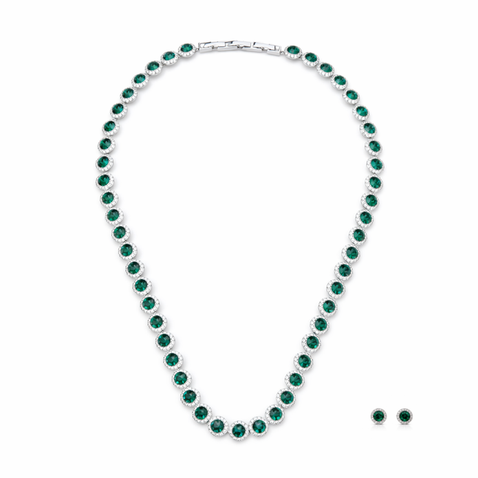 Emerald Green Round-Cut Halo Tennis Necklace Set