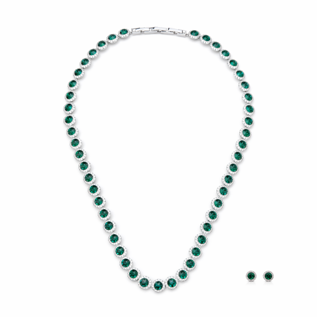 Emerald Green Round-Cut Halo Tennis Necklace Set