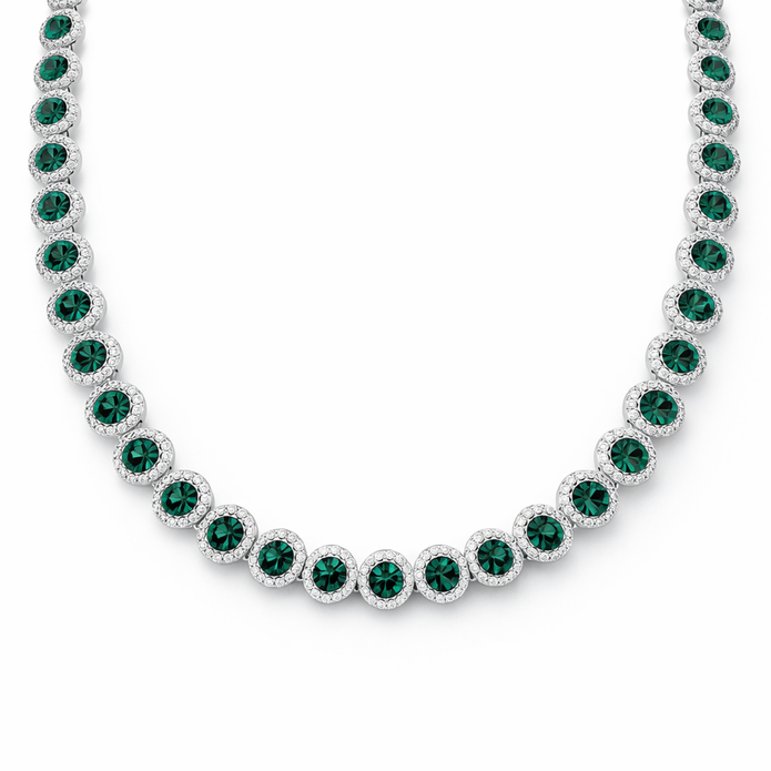 Emerald Green Round-Cut Halo Tennis Necklace Set