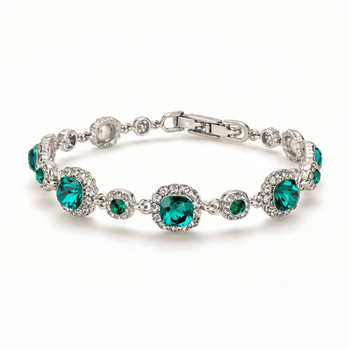 Emerald Green Oval Halo Tennis Bracelet
