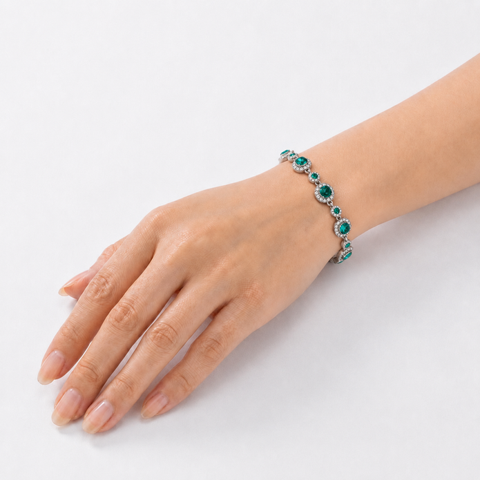 Emerald Green Oval Halo Tennis Bracelet