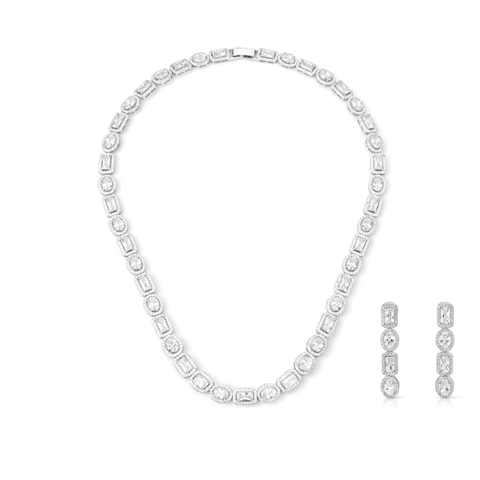 Clear Mixed-Cut Baguette Tennis Necklace & Drop Earring Set