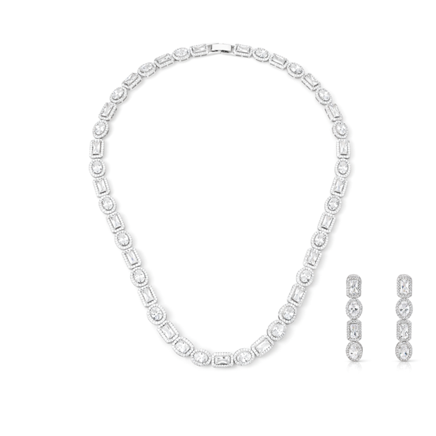 Clear Mixed-Cut Baguette Tennis Necklace & Drop Earring Set