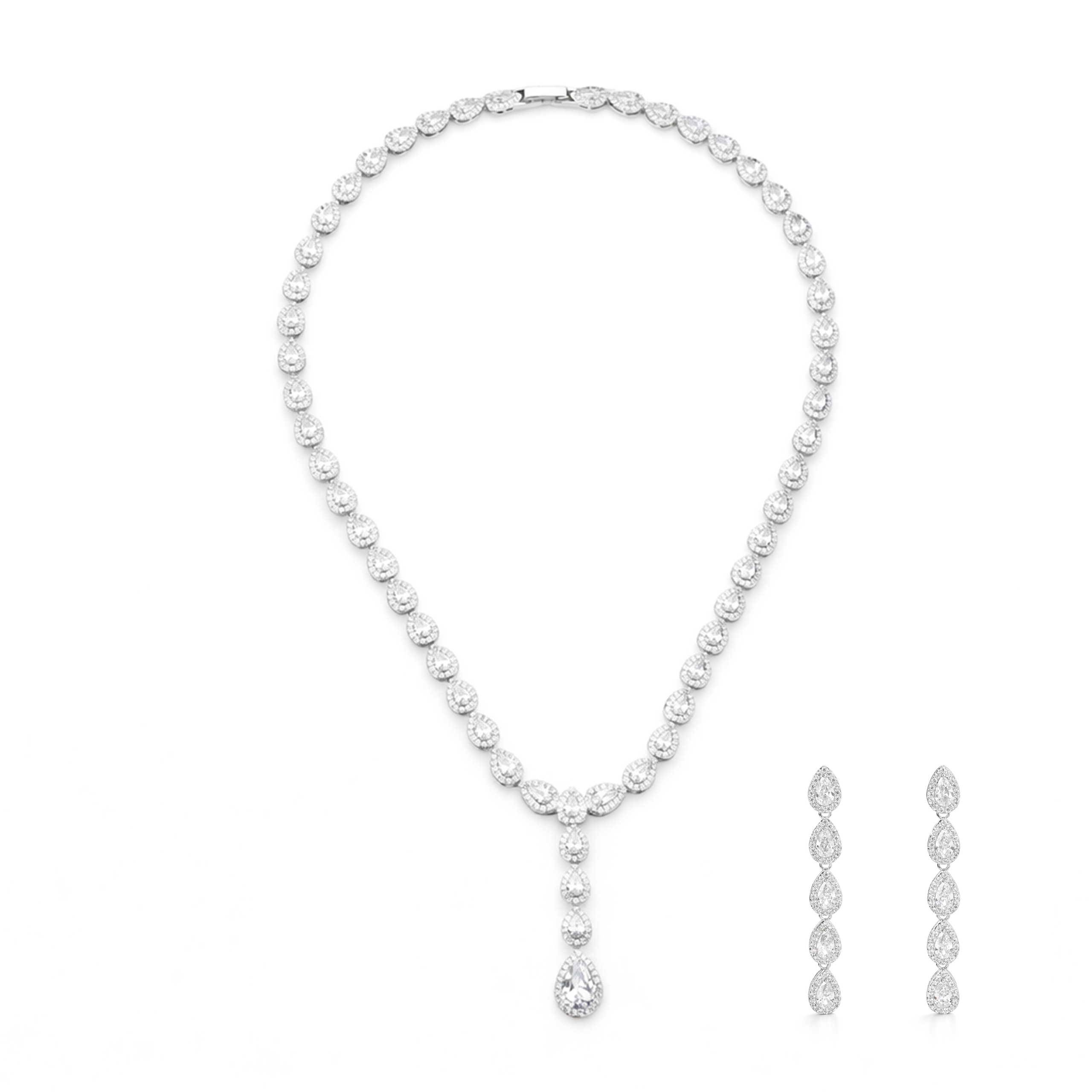 Clear Pear-Drop Halo Pendant Necklace & Earring Set