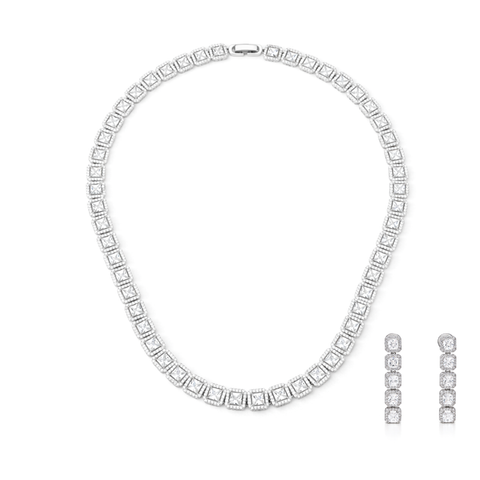 Clear Princess-Cut Square CZ Tennis Necklace & Drop Earring Set