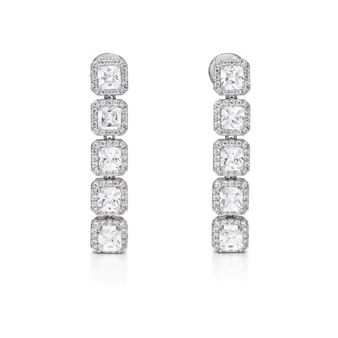 Clear Princess-Cut Square CZ Tennis Necklace & Drop Earring Set