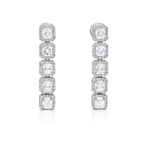 Clear Princess-Cut Square CZ Tennis Necklace & Drop Earring Set