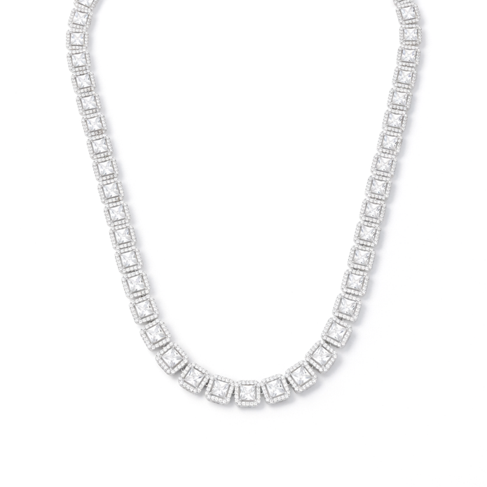 Clear Princess-Cut Square CZ Tennis Necklace & Drop Earring Set