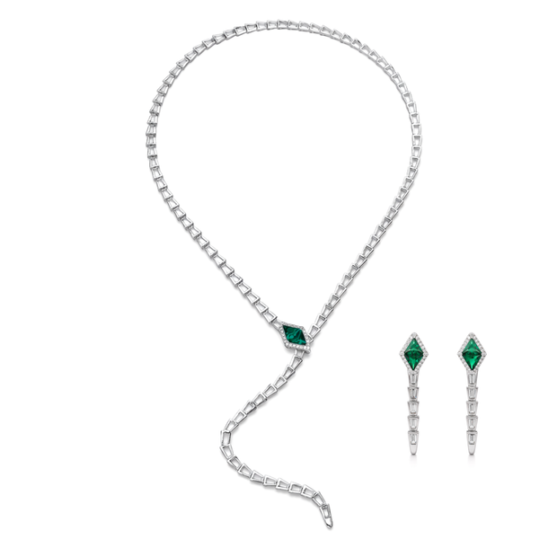 Emerald Green Kite Stone Serpent Lariat Necklace & Drop Earring Set