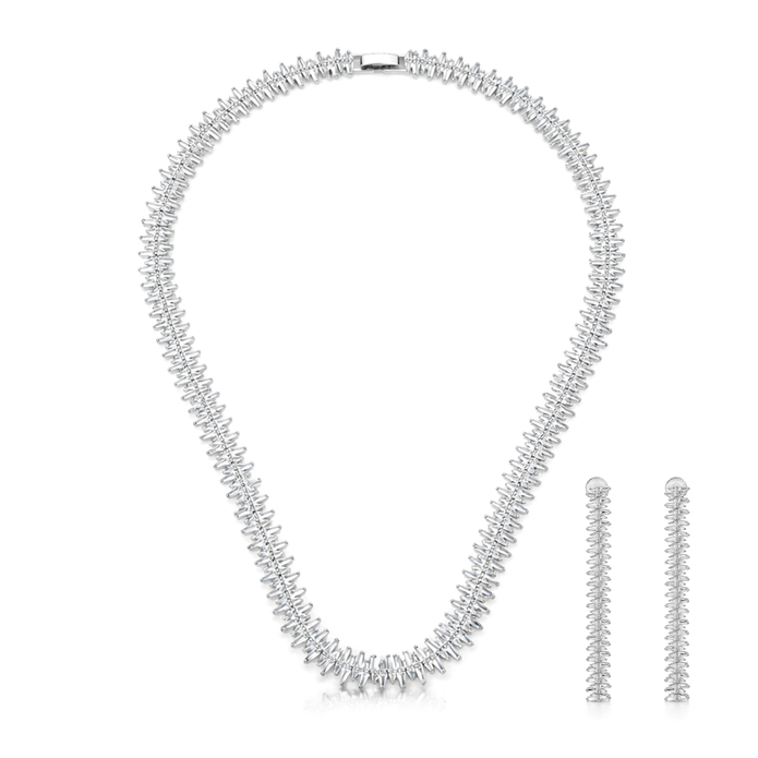 Silver Ribbed Textured Choker & Bar Drop Earring Set