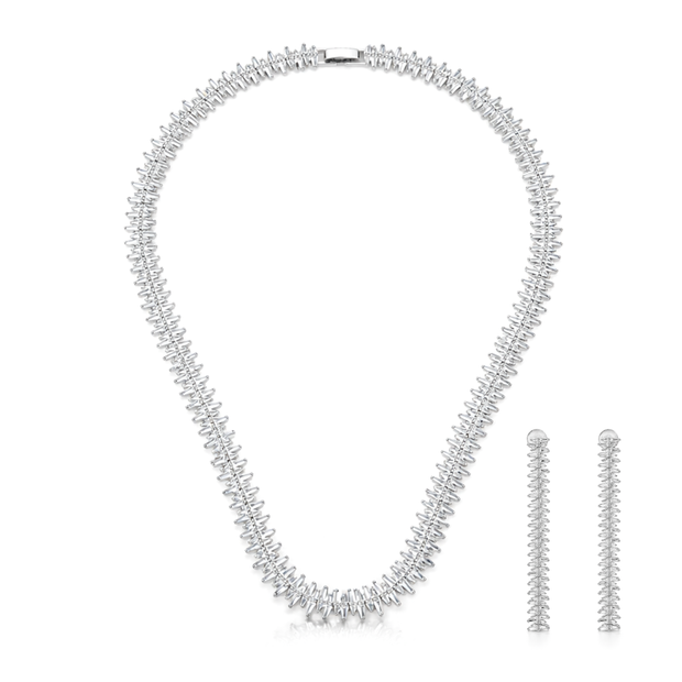 Silver Ribbed Textured Choker & Bar Drop Earring Set