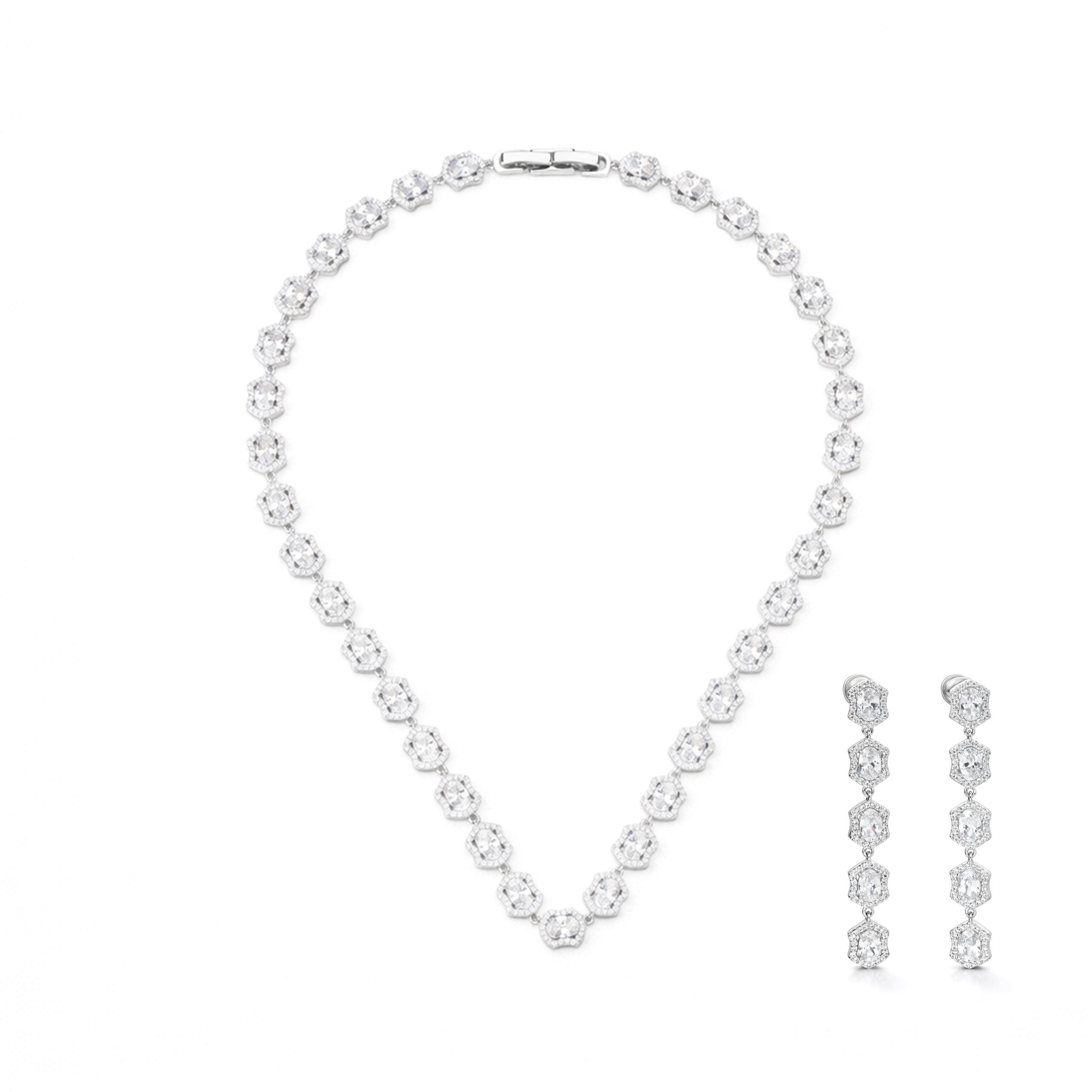 Clear Cushion-Cut CZ Tennis Necklace & Drop Earring Set