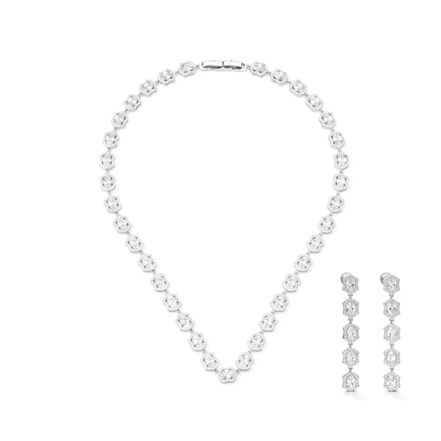 Clear Cushion-Cut CZ Tennis Necklace & Drop Earring Set