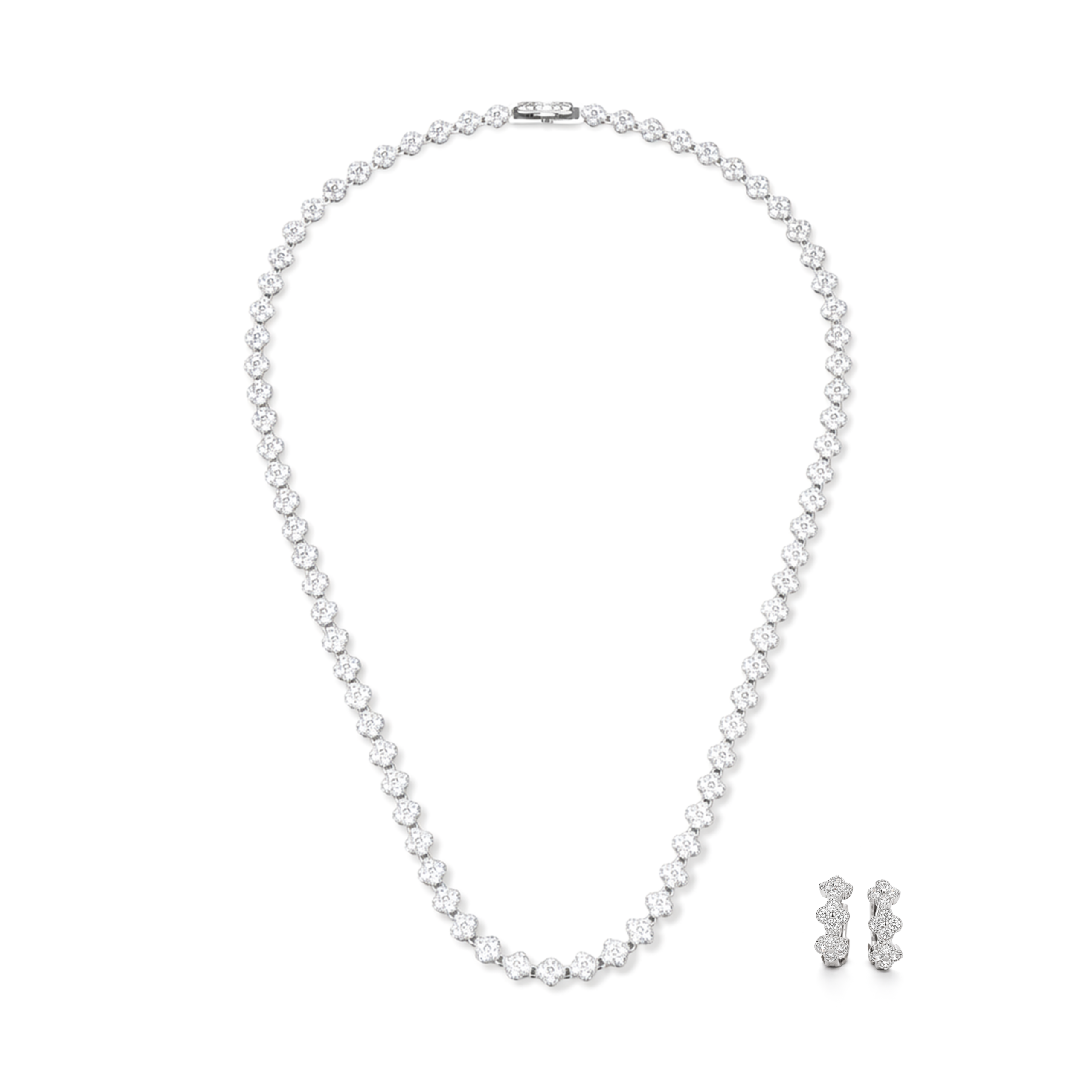 Clear Floral Cluster CZ Tennis Necklace & Hoop Earring Set
