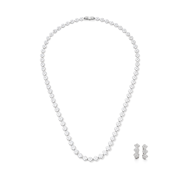 Clear Floral Cluster CZ Tennis Necklace & Hoop Earring Set