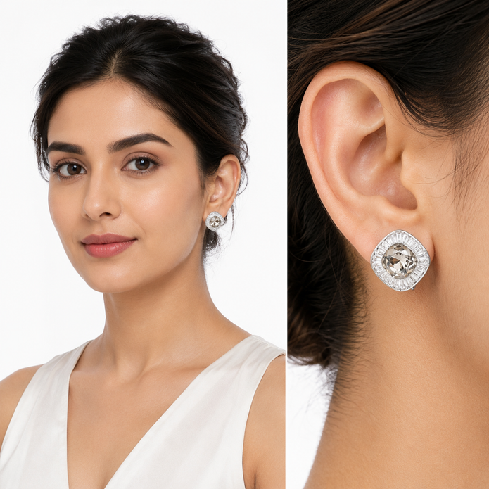 Clear Cushion-Cut Halo Crystal Stud Earrings