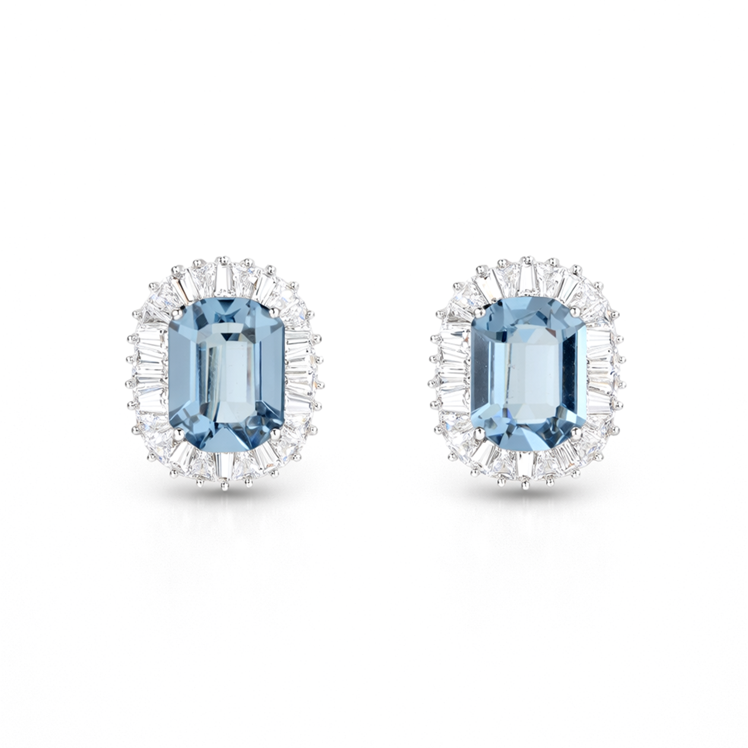 Aqua Blue Emerald-Cut Halo Stud Earrings