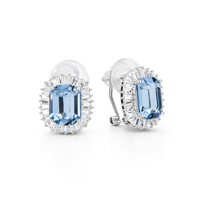 Aqua Blue Emerald-Cut Halo Stud Earrings